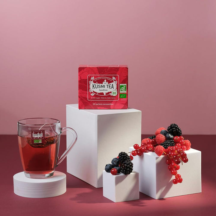 Kusmi Tea - pachet de 2 - Aquaexotica + Aquarosa - ceai de hibiscus cu mere, măceșe și fructe de pădure negre - ceai de fructe organic fără teină - se poate consuma cald sau rece - 2X20 pliculețe de ceai