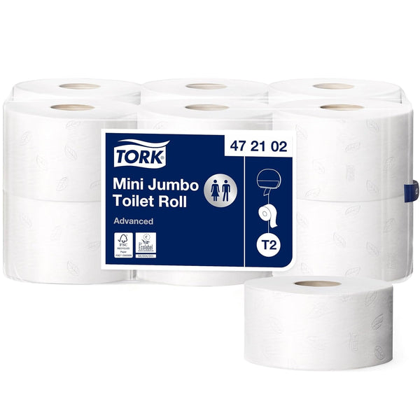 Tork 472102 Hârtie igienică Mini Jumbo în calitate avansată pentru sistemul de hârtie igienică Tork T2 Mini Jumbo / hârtie igienică 2 straturi în alb, 12 X900 coli