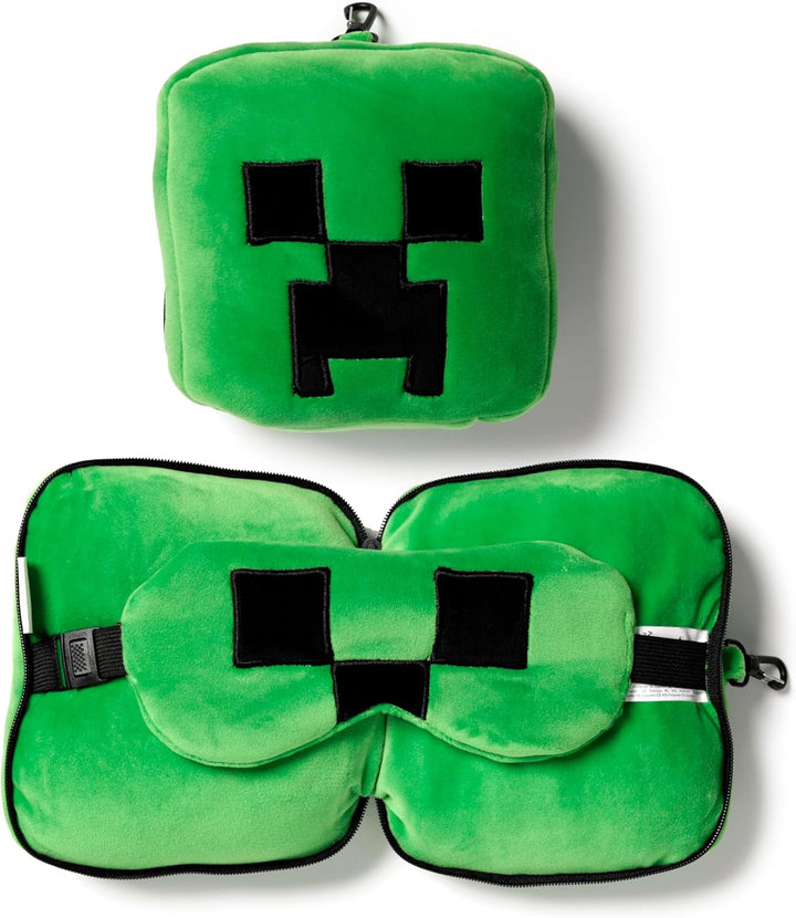 Puckator Relaxeazzz Minecraft Creeper pernă de călătorie din pluș și mască pentru ochi tetieră, pernă de dormit, pernă pentru gât, pernă de călătorie, mască de dormit, copii și adulți pentru mașină de călătorie, accesoriu pentru tren, avion