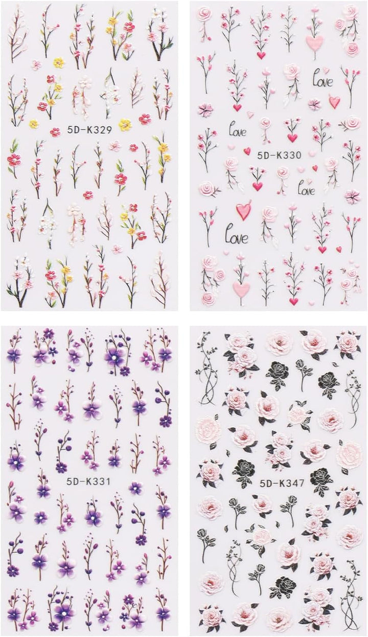 JMEOWIO 3D Nagelsticker Blumen Nail Art Sticker Selbstklebend Nagelaufkleber 5D Stereoskopisch Frühling Sommer Dekoration Nageldesign Zubehör 4 Blatt
