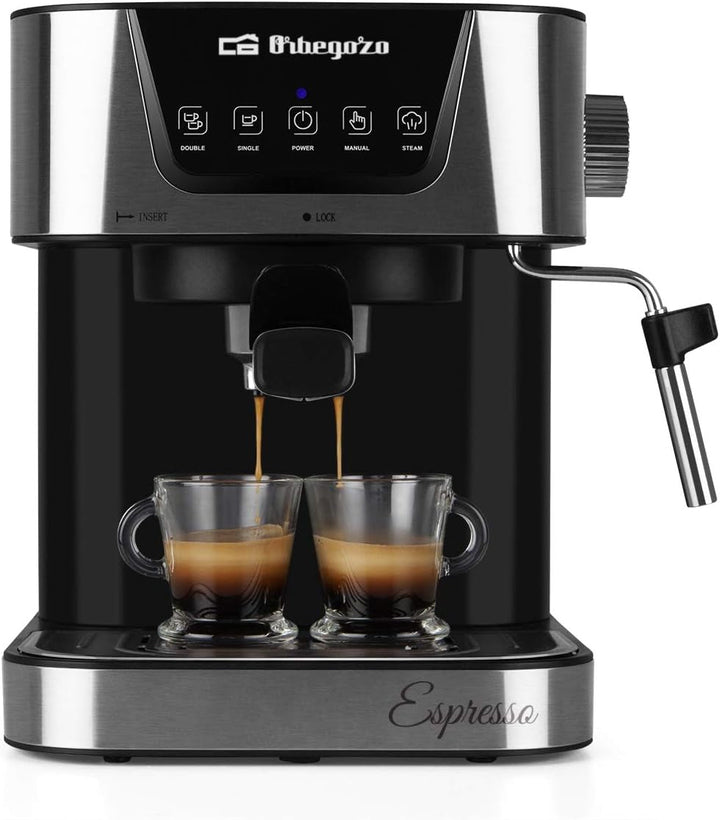 Aparat de cafea Orbegozo pentru espresso și cappuccino EX 6000, 20 bar presiune, recipient de 1,5 litri, potrivit pentru doze unice, 1050 W putere, negru