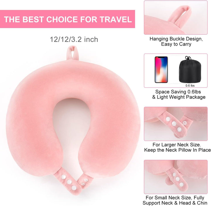 TALLGO Travel Neck Pillow, cea mai bună pernă de avion din spumă de memorie pentru tetieră, pernă moale reglabilă pentru avion, mașină și casă, roz