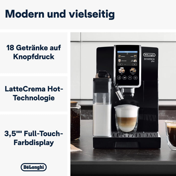 De'Longhi Dinamica plus ECAM382.70.B, Espressor automat pentru boabe de cafea, Espressor Cappuccino cu Latte Crema Hot, Espressor cu 18 rețete, Ecran TFT de 3,5 inci, 1450 W, Negru