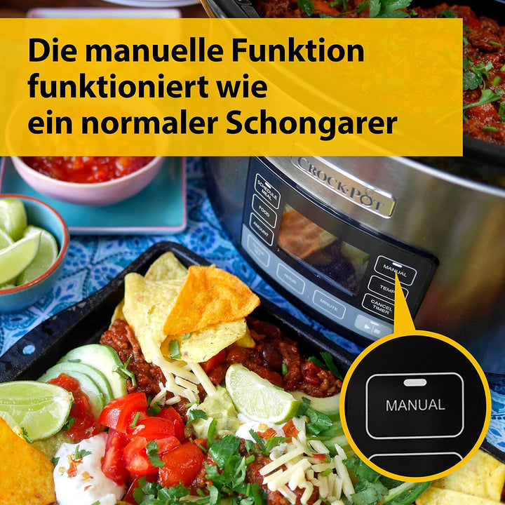 Crock-Pot Timeselect Digitaler Schongarer | Mit Programmierbarem Timer Und Digitaler Anzeige | 5,6 L Fassungsvermögen (Für 7 Personen Und Mehr) | Warmhaltefunktion | Edelstahl [CSC066X]