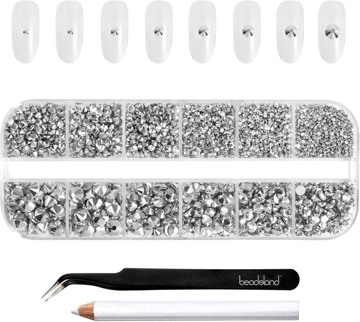 Beadsland 2500Pcs Glas Nailart Strasssteine Kristall Flatback Edelsteine Runde, ​​Für Handwerk Gemischt 8 Größen SS4 ~ SS30 Mit Picking Pinzette Und Stift (Kristall Weiss)