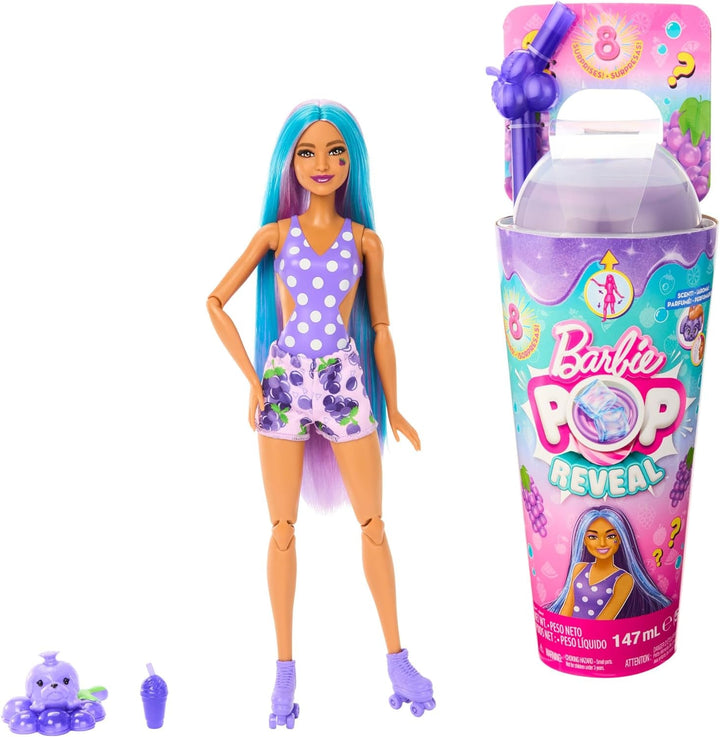 Barbie Pop Reveal Fruit - păpușă cu păr roșcat în aromă de pepene roșu, 8 surprize, fată squishy parfumată, păr și machiaj care își schimbă culoarea, pentru copii de la 3 ani, HNW43