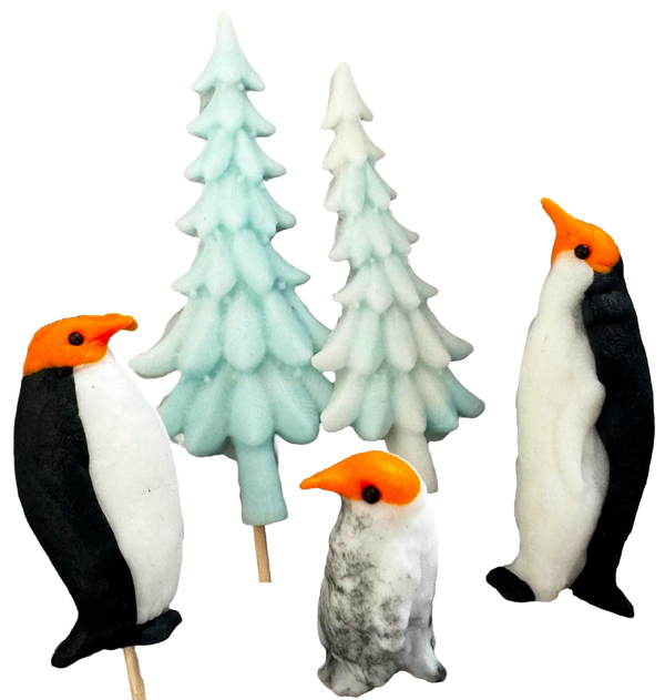 Conjunto de 5 decoraciones comestibles de azúcar, navidad, pingüinos y abeto