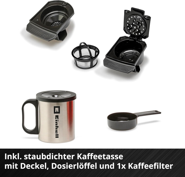 Cafetieră fără fir Einhell TE-CF 18 Li-Solo Power X-Change (18 V, Rezervor de apă 240 ml, Pentru cafea cu filtru și doze de cafea, Mâner de transport, Inclusiv ceașcă de cafea cu capac, Fără baterie)