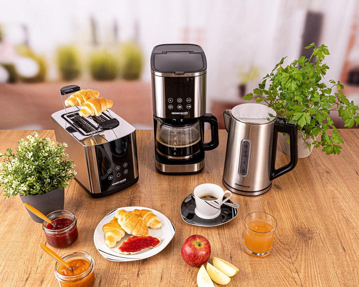Espressor cu filtru Rommelsbacher FKM 1000 - rezervor de apă de 1,5 litri pentru 12 cești de cafea, carafă de sticlă, preselectare oră de pornire, funcție de încălzire, funcție de aromă, suport detașabil pentru filtru 1X4