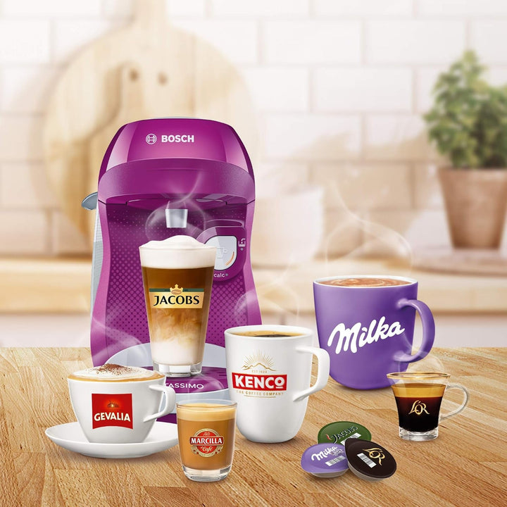 Espressor Bosch Tassimo Happy Capsule TAS1001, 70 de băuturi, complet automat, potrivit pentru toate tipurile de cești, economisește spațiu, 1400 W, roz