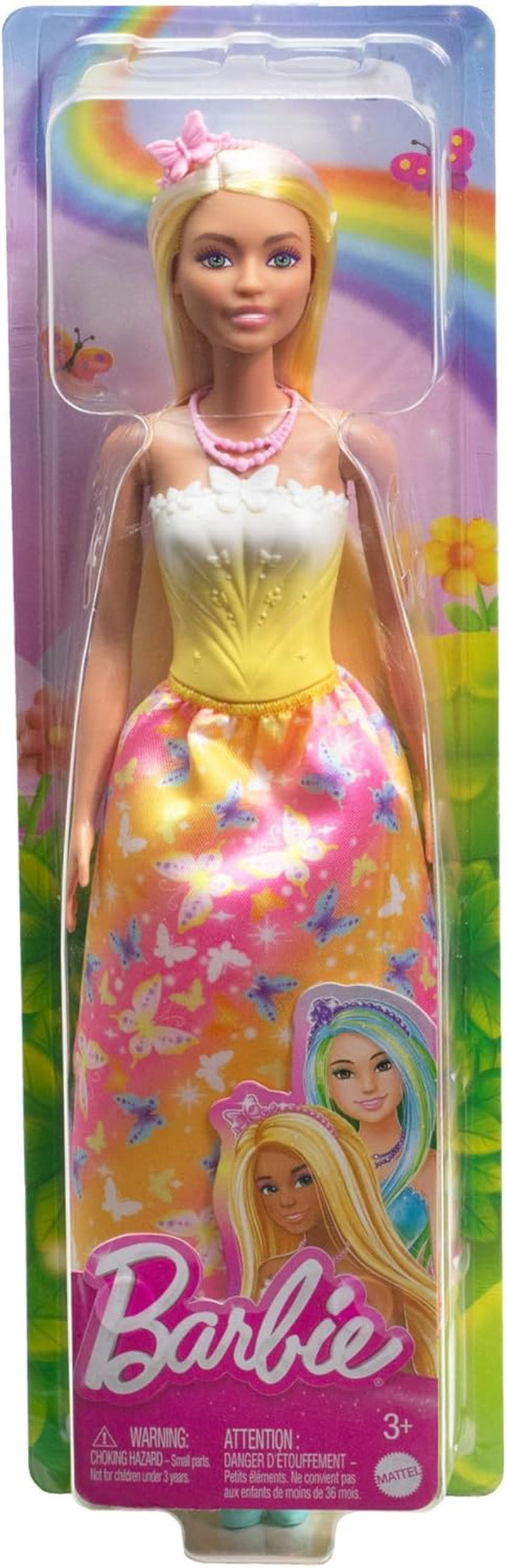 Păpușă Barbie Royal cu păr fantezist cu șuvițe colorate, accesorii colorate, top galben cu gradient și fustă cu model fluture, HRR09
