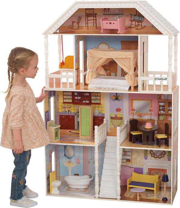 Casă de păpuși Kidkraft Savannah din lemn cu mobilier și accesorii, set de joacă cu scaun suspendat și pat cu baldachin pentru păpuși de 30 cm, jucărie pentru copii de la 3 ani, 65023