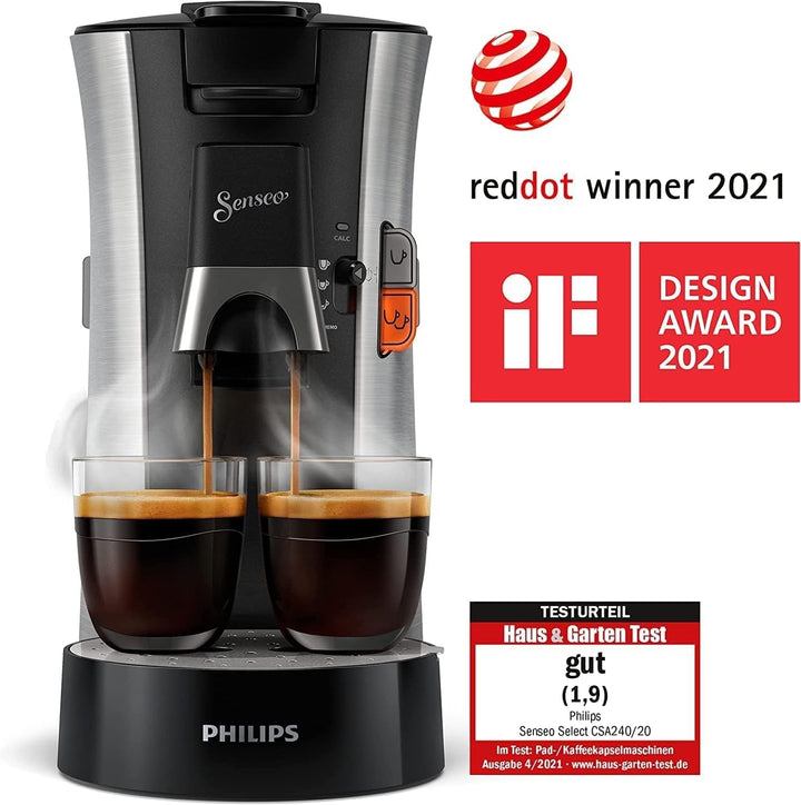 Aparat de cafea cu doze Philips Senseo Select - Selectare putere cafea plus, Funcție Memo, Tehnologie Crema plus, Rezervor de apă de 0,9 l, Funcție pentru două cești, Duză reglabilă pe înălțime, Ecologic (CSA250/10)