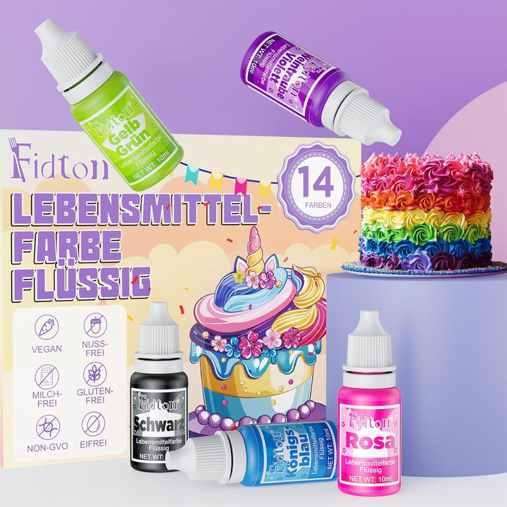 Lebensmittelfarbe Flüssig - Fidton 14 Lebensmittelfarben Vegan Food Coloring, Essbare Tortendeko Kit Für Lebensmittel Farben, Flüssige Lebensmittelfarbe Für Eier Färben, Fondant, Makronen - 10 Ml