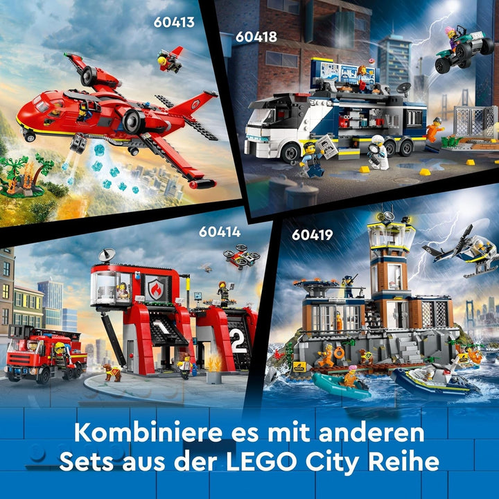 Camion de poliție LEGO City cu laborator, set de poliție cu quad și camion de jucărie pentru copii, cadou pentru băieți și fete de la 7 ani, plus 5 minifigurine - 2 polițiști, 1 om de știință și 2 escroci 60418