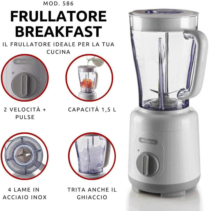 Ariete Breakfast 586 Blender, Elektrischer Mixer Mit 4 Edelstahlklingen, 2 Geschwindigkeiten + Pulse-Funktion, Anti-Rutsch-Füße, Aufsatzdeckel, 1,5 L Fassungsvermögen, 500W, Weiß