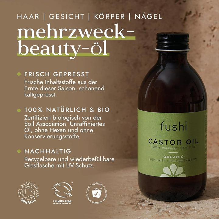 Ulei de ricin organic, 250 ml, 100% pur, presat la rece și proaspăt, pentru piele uscată și creșterea părului, gene și sprâncene, fără hexan, calitate alimentară naturală, provenit din surse sustenabile (ambalajul poate varia)