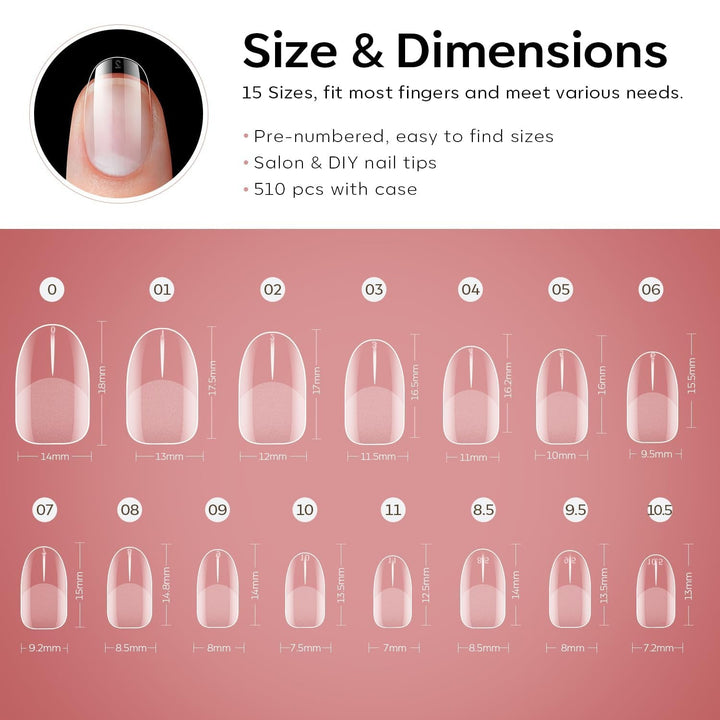 Modelones Tips Unghii 510 Piese - Set Tips Unghii Acoperire Completă, Set Tips Gel, Tips Unghii Rășină PMMA Pre-Lustruire, Unghii Artificiale pentru Lipire pe Nail Art DIY, Squoval Scurt