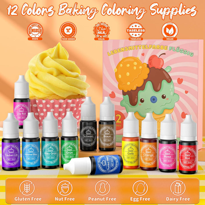 Lebensmittelfarbe 12 Farben X 12Ml - Lebensmittelfarbe Flüssig Zum Backen Von Kuchen, Decor, Lebensmittelqualität Für Fondant Macaron Zuckerguss DIY Seifen Schleimherstellung