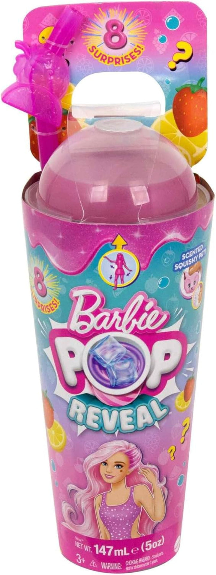 Barbie Pop Reveal Fruit - păpușă cu păr roșcat în aromă de pepene roșu, 8 surprize, fată squishy parfumată, păr și machiaj care își schimbă culoarea, pentru copii de la 3 ani, HNW43