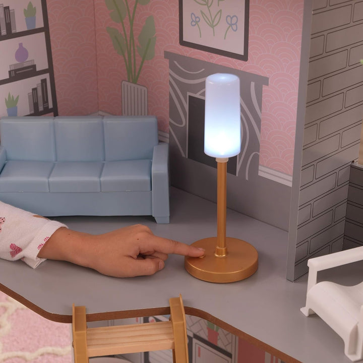 Casă de păpuși Kidkraft Alina din lemn cu mobilier și accesorii pentru păpuși înalte de 30 cm, set de joacă cu 3 etaje, cu câine și scări mobile, jucărie pentru copii de la 3 ani, 10229