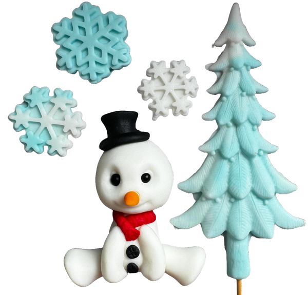 Conjunto de 5 decoraciones comestibles de pasta de azúcar, muñeco de nieve, copos de nieve y abeto