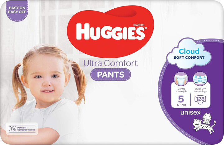 Huggies Ultra Comfort Pants, mărimea 5, 12 - 17 kg, Pentru copii activi, Cu indicator de umezeală și tehnologie cloud waistband, 128 scutece