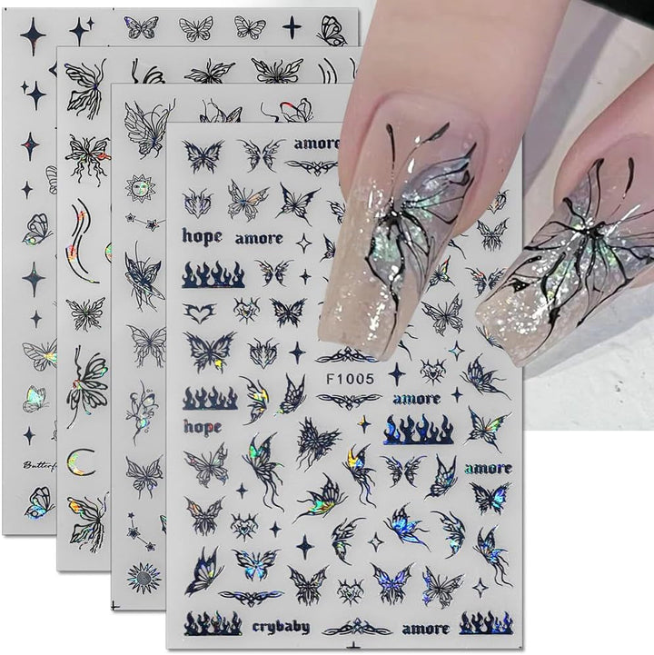 4 Blätter Holographisch Laser Weiß Schmetterling Nagelsticker,Y2K Aurora Schmetterlinge Stern Nail Sticker 3D Flamme Herz Nageldesign Nagelsticker Selbstklebend Nagel Sticker Nagel Zubehör Nail Art