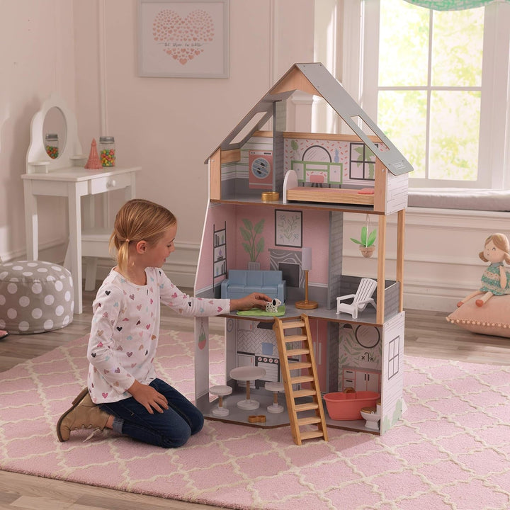 Casă de păpuși Kidkraft Alina din lemn cu mobilier și accesorii pentru păpuși înalte de 30 cm, set de joacă cu 3 etaje, cu câine și scări mobile, jucărie pentru copii de la 3 ani, 10229
