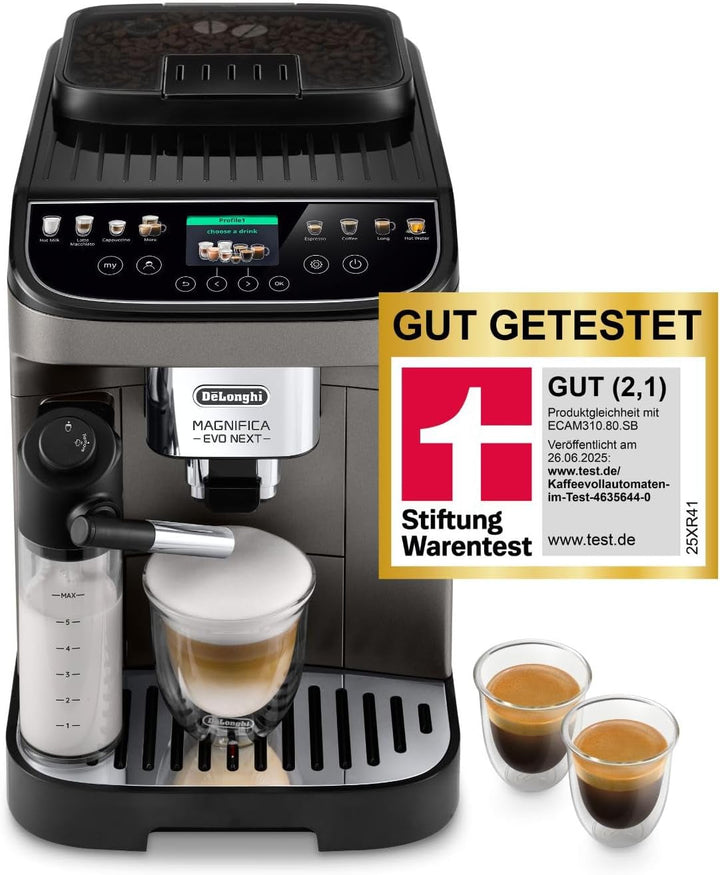 De'Longhi Magnifica Evo Next ECAM312.80.TB, aparat de cafea complet automat cu 13 băuturi (cappuccino, espresso, latte macchiato), ecran color TFT de 2,4'', sistem latte crema lapte, funcție 2 căni, titan