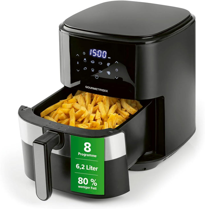 Gourmetmaxx Digitale Heißluftfritteuse XXL - 9L Ofen | Airfryer Mit Timerfunktion, Touchdisplay, Drehspieß, Schaschlikspießen | Fettarm, Energiesparend Frittieren | 8 Programme, 1800 W