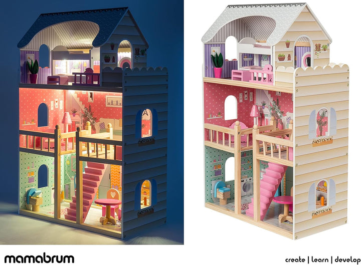 A405 Casă de păpuși cu iluminare LED - 3 etaje și set de mobilier - Casă de joacă din lemn, inclusiv accesorii: bucătărie, baie, dormitor - Cadou pentru fete de la 3 ani în sus
