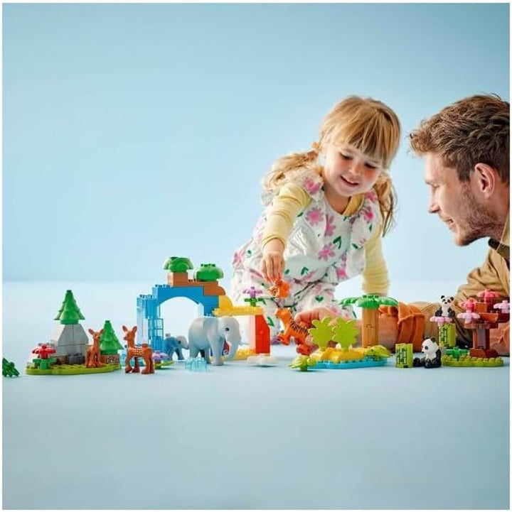 Set LEGO DUPLO Town Wild Animal Families 3-in-1, jucărie educativă pentru copii mici cu țestoase, tigri, elefanți, căprioare, panda, set pentru preșcolari de la 2 ani, jucărie de construit cu figuri de animale 10446