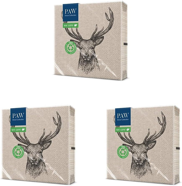 Path Decor Collection x Collection COLECCIÓN DE LA COLECCIÓN DE DISETA CM CM CON 3 capas. 20 piezas. Impreso con colores basados ​​en agua. Decoraciones de mesa. Nature, HIRSC, Paw_022022, ciervo, 33 x 33 cm (paquete con 3)
