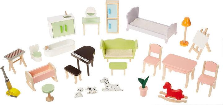 Amazon Basics Casă de păpuși din lemn cu 4 etaje și accesorii de mobilier pentru păpuși de 30,48 cm