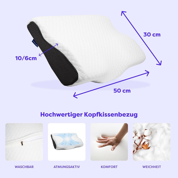 Pernă ortopedică Wolkenfeld, pernă pentru reducerea durerii de gât, pernă pentru gât din spumă cu memorie - pernă ergonomică pentru cap - pernă pentru dormit lateral pentru dormit lateral, spate și stomac