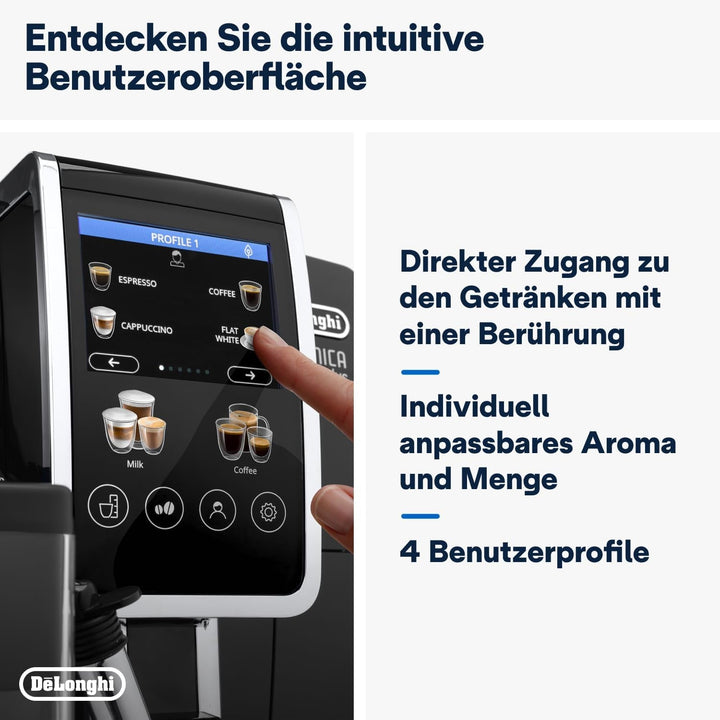 De'Longhi Dinamica plus ECAM382.70.B, Espressor automat pentru boabe de cafea, Espressor Cappuccino cu Latte Crema Hot, Espressor cu 18 rețete, Ecran TFT de 3,5 inci, 1450 W, Negru