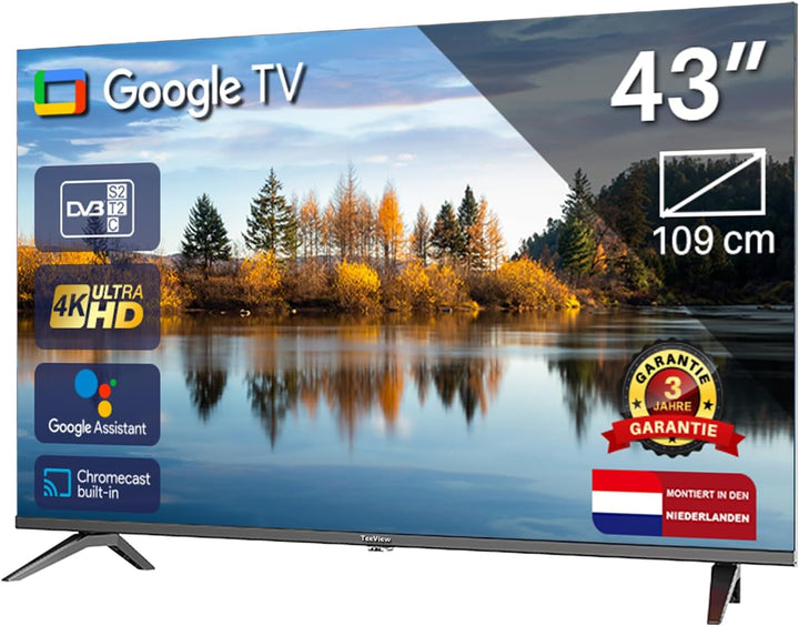 TEEVIEW TV43QUG-EU 43" Google Smart 4K UHD TV, WLAN, Bluetooth, 3X HDMI, Triple Tuner, Sprachsteuerung, Integrierte Streaming-Apps