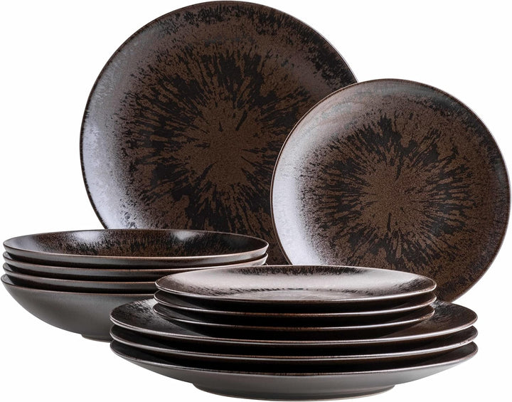 MÄSER Metallic Bronze, 12-Teiliges Tafelservice Für 4 Personen Mit Edel Glänzender Glasur, Teller Set Mit Speiseteller, Suppenteller Und Dessertteller Aus Hochwertiger Keramik, Steinzeug, Braun