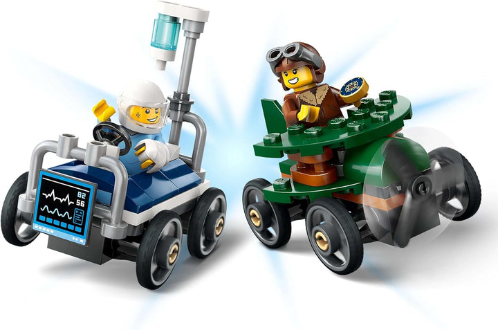 LEGO City Airplane Vs. Hospital Bed Race Car Set - Jucărie Soapbox pentru băieți și fete de la 5 ani - Set de construcție cu 2 minifigurine - Cadou aniversar și de vacanță 60459