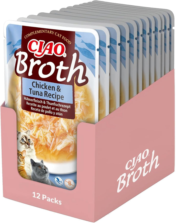 INABA Ciao Stew Hrană umedă pentru pisici 86% umiditate și vitamina E, supă premium pentru pisici cu pui și scoici 40 G (pachet de 12), 100% carne naturală, fără cereale, fără zahăr