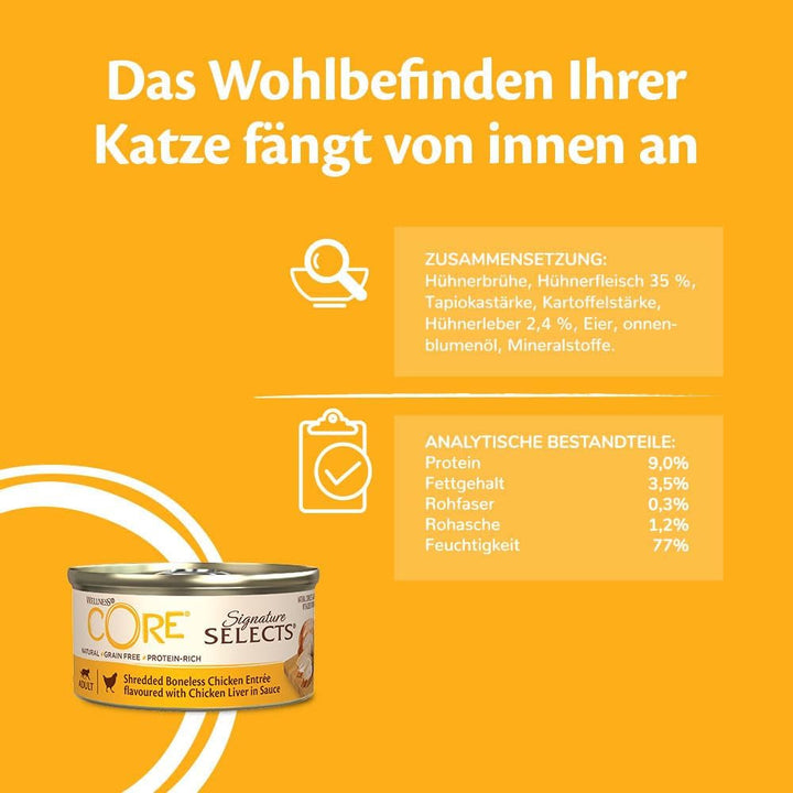 Wellness CORE Signature Selects, Shredded Selection Mix, 8 X 79 G, Hrană umedă premium pentru pisici adulte în sos, fără zahăr adăugat, fără cereale, cu conținut ridicat de carne