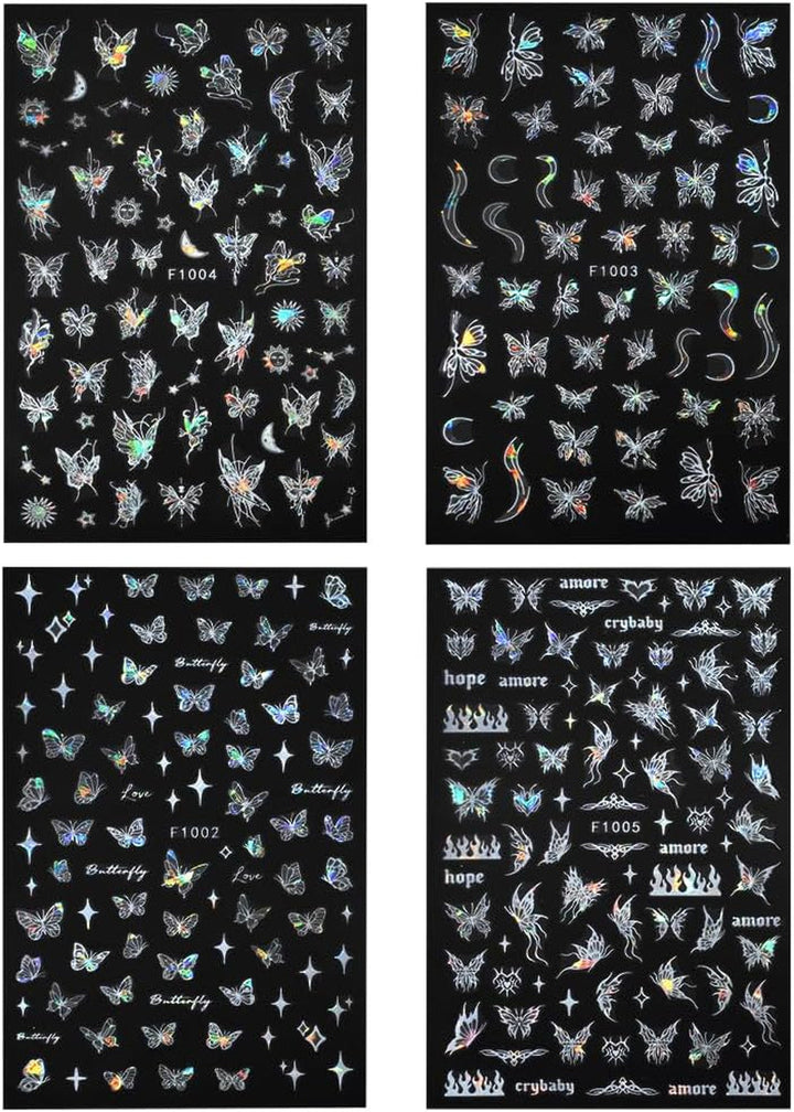 4 Blätter Holographisch Laser Weiß Schmetterling Nagelsticker,Y2K Aurora Schmetterlinge Stern Nail Sticker 3D Flamme Herz Nageldesign Nagelsticker Selbstklebend Nagel Sticker Nagel Zubehör Nail Art