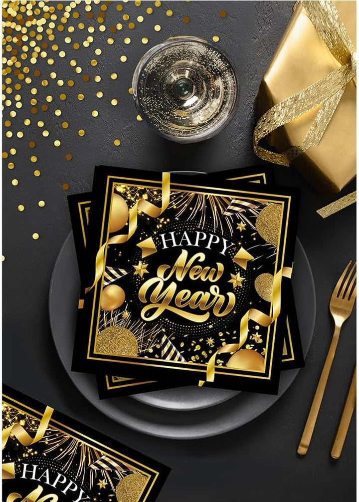 | 20 Șervețele Happy New Year (16X16 Cm) - Decorațiuni de masă pentru petreceri de Revelion - Ideal pentru evenimente și sărbători - Negru și auriu