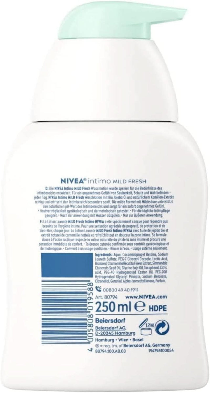 NIVEA, Loțiune de spălare intimă cu acid lactic, extract de mușețel și ulei organic de jojoba, 250 ml