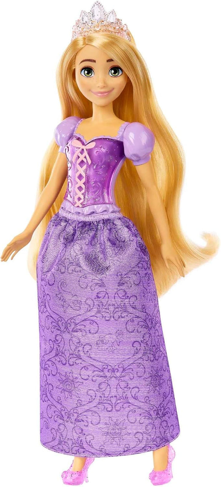 Mattel Disney Princess Rapunzel doll, Păr lung de coafat, Mobil, Pantofi și diademă detașabile, Cadouri Disney, Jucării de la 3 ani, HLW03
