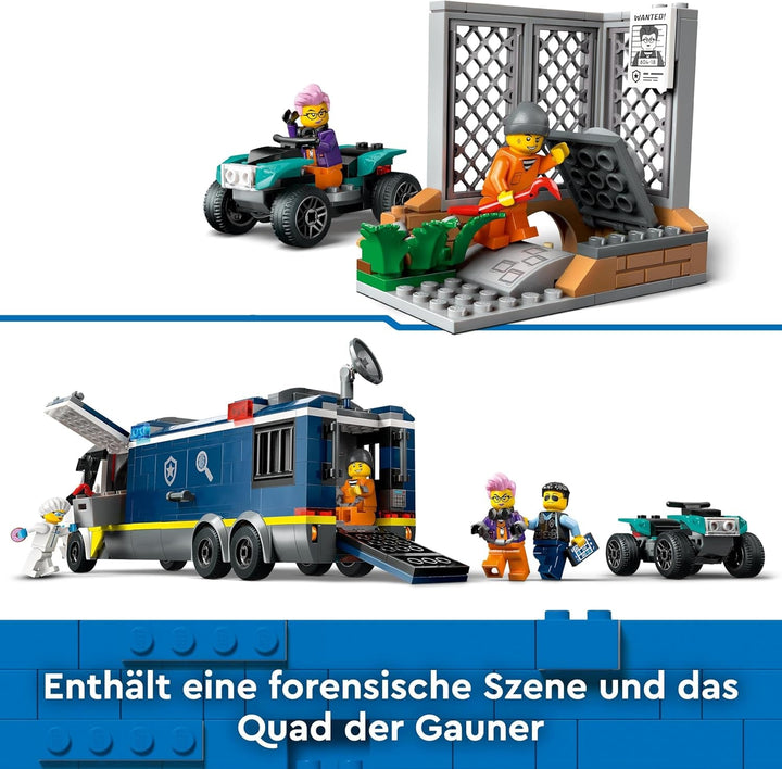Camion de poliție LEGO City cu laborator, set de poliție cu quad și camion de jucărie pentru copii, cadou pentru băieți și fete de la 7 ani, plus 5 minifigurine - 2 polițiști, 1 om de știință și 2 escroci 60418