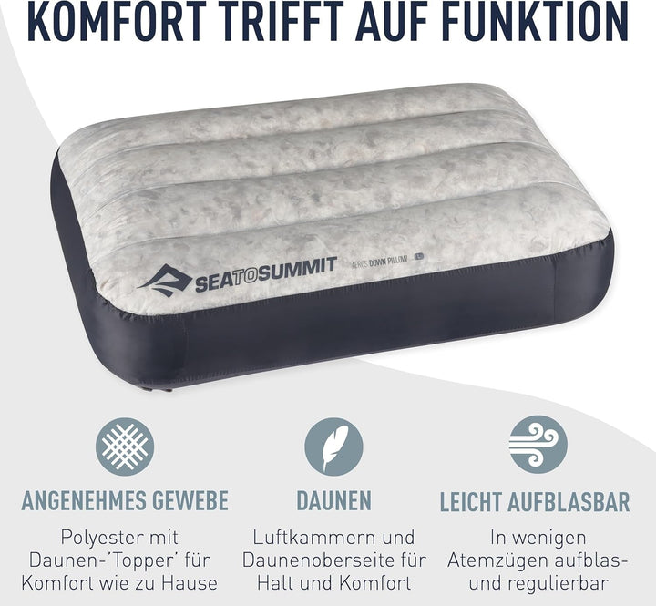 Sea to Summit - Aeros Down Travel Pillow L - Ultralight & Inflabilă - Material 10D - Pernă din puf Premium - Antiderapantă - Pentru drumeții și camping - 42 X 28 X 12 Cm - Gri - 95 G