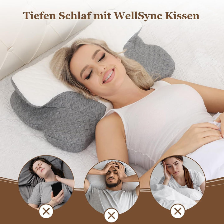 Wellsync pernă pentru gât Pernă ergonomică Pernă din spumă de memorie Pernă ortopedică Pentru persoane care dorm lateral Persoane care dorm pe spate Persoane care dorm abdominal Dureri de gât Alb Gri