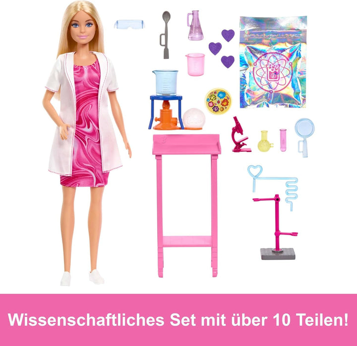 Barbie păpușă om de știință și accesorii cu păpușă blondă la modă, masă de laborator, microscop, caser cu schimbare de culoare și vas Petri, JCR70